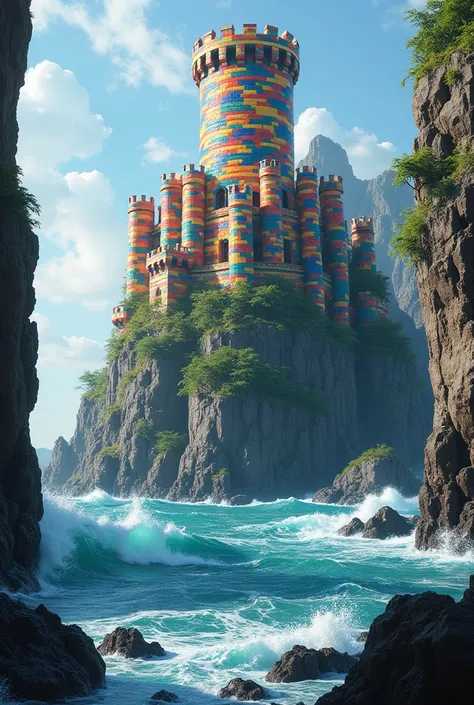 Castle on the rock with one central tower, surrounded from one side by sea. Castle is made from Lego bricks