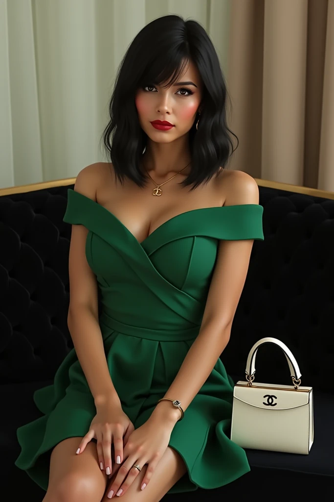 Brazilian,  green dress ,  Chanel black hair on the shoulder , medium eyes ,  dark brown hair, red lipstick, white bag, 75kg ,  sitting on a chic black couch. 