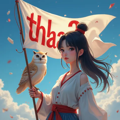 Beautiful Korean girl holding a flag, writing the word tha2 on it. Cool book character with blue eyes, island owl on the arm. The background is a beautiful tha2 logo