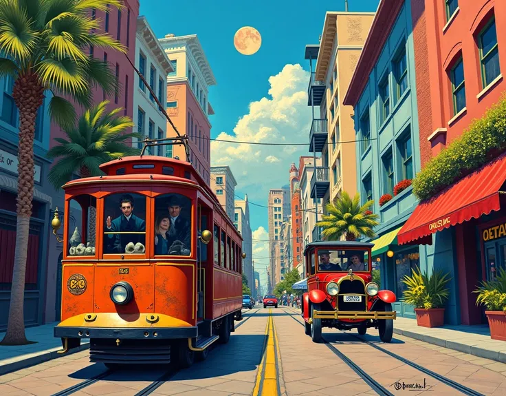 painting of a trolley car and a car on a city street, by Michael parkes, by Diego Rivera, san francisco, inspired by Michael Parkes, by Van Gogh, 