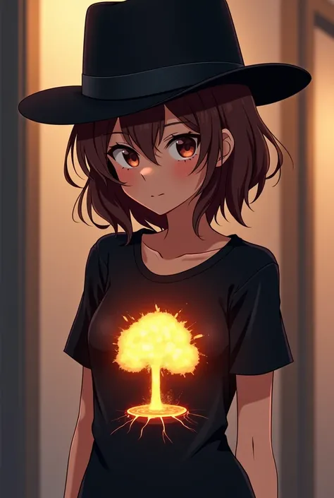 a deep girl in a black top hat, and coffee hair  In the anime style with a casual t-shirt and a mini nuke going through his body and big boobs