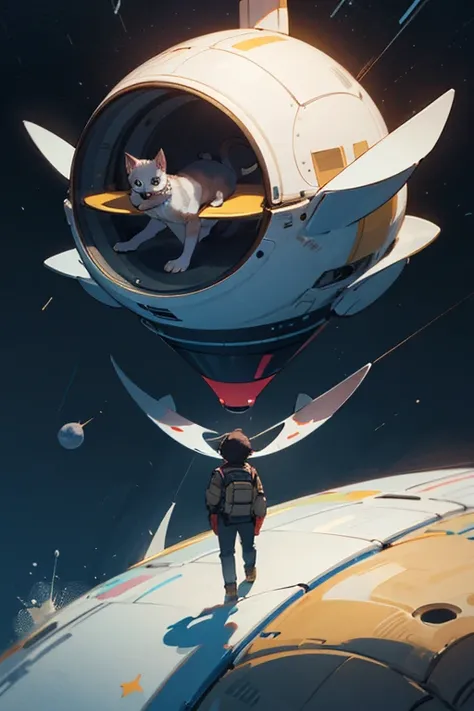  Boy in a spaceship going to the moon ,  when it lands he encounters aliens half a cat,  dog, Turtle and snail 
