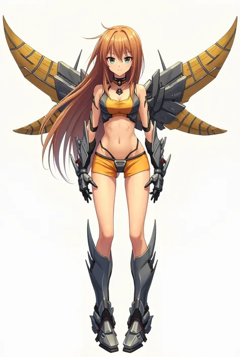 Starscream as an tan anime girl,with only her boots,gloves and wings as robot parts