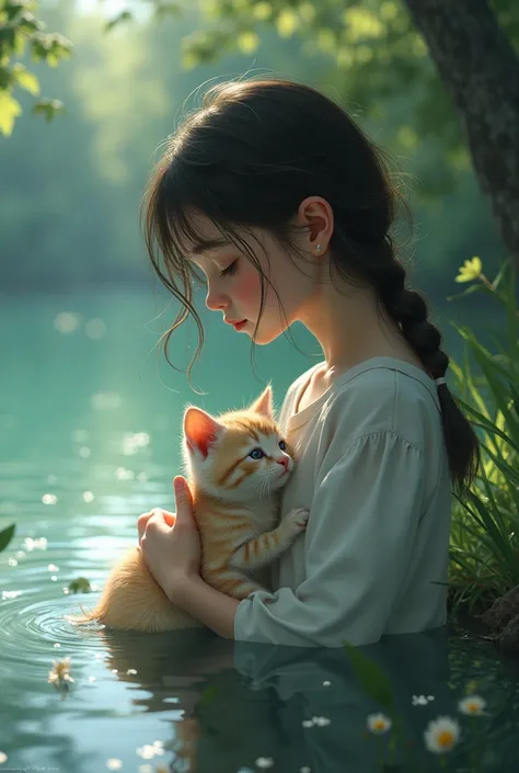 , a girl with big blue eyes looking into the lake and crying, she is holding a kitten 