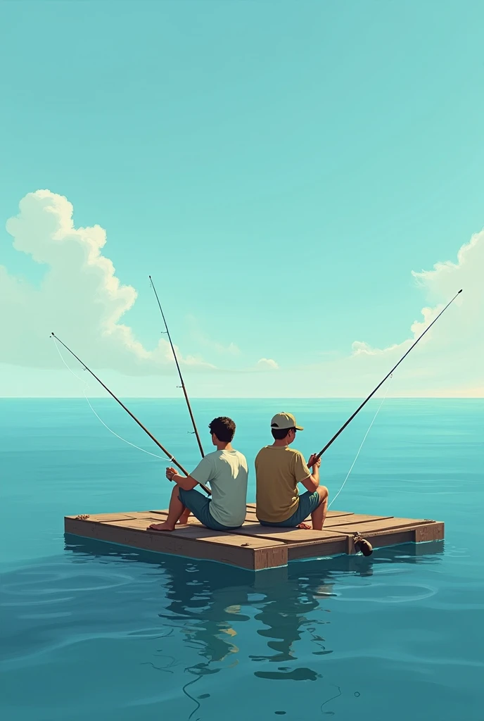 create an image of two young adult men with fishing rods looking at us on a raft in the middle of the sea in the style of RAFT