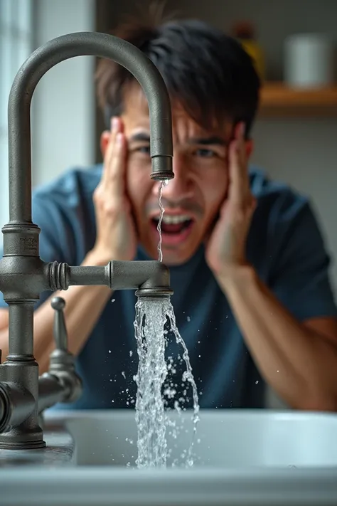  A faucet with an intermittent flow of water and someone who shows frustration when they see that the water barely comes out. Beside, an image of a pump running at full capacity .