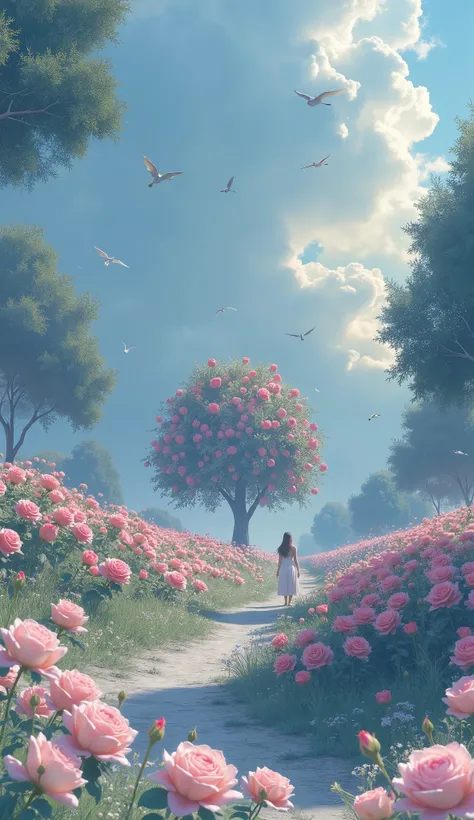 A beautiful field of whHee roses, The grass is pink  , He&#39; on a beautiful day ,   the birds fly  , There&#39;  is a large apple tree right in the center of this field.