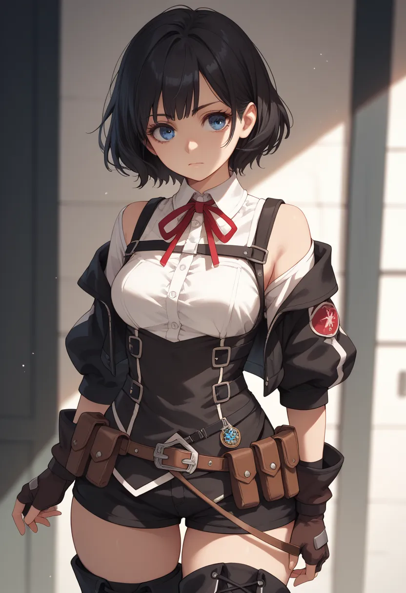 tino_shade, 1girl, short hair, black hair, red ribbon, blue eyes, medium breasts, white shirt, ribbon on neck, black vest, strap...