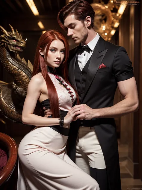 ((masculine dragon and feminine dragon, black and red yinyang, dragon cuddling, handsome dark-haired young man holding a slim redheaded woman, canadian man, young love)), kiper, segolily nose, lupine, irish genes, dark hazel eyes, scottish nose, high foreh...