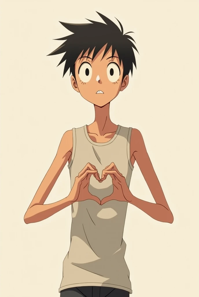 Make an anime thin man making a heart with his hands 