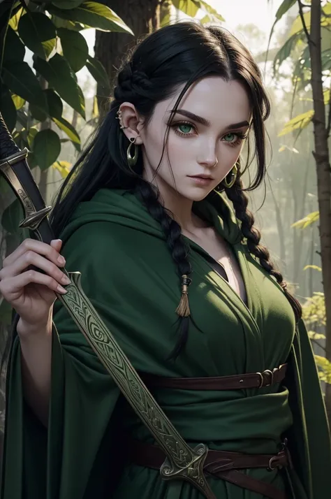 a close up of a person with a sword in a green outfit, female halfling, adventurer outfit large cloak, female forest archer, green robes, female halfling, scaled robes, green cloak, green robes, cloth jerkin, dark green cloak, dreadlock black hair, black b...