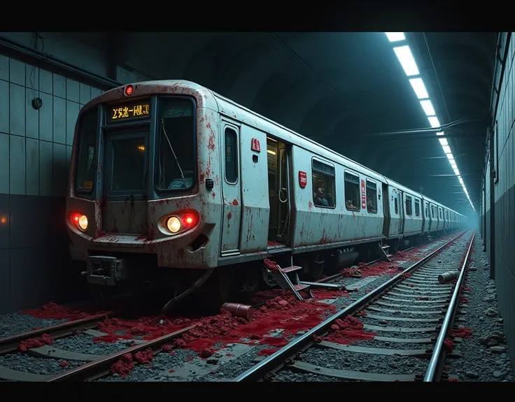 A demolished underground train with blood and s, anime art style