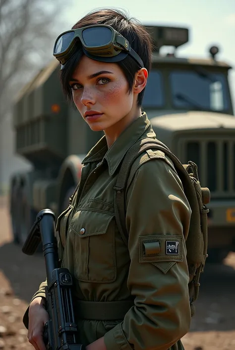 ( photorealism :1.2), beautiful armed Dutch woman, goggles, transport soldier ,  military truck 