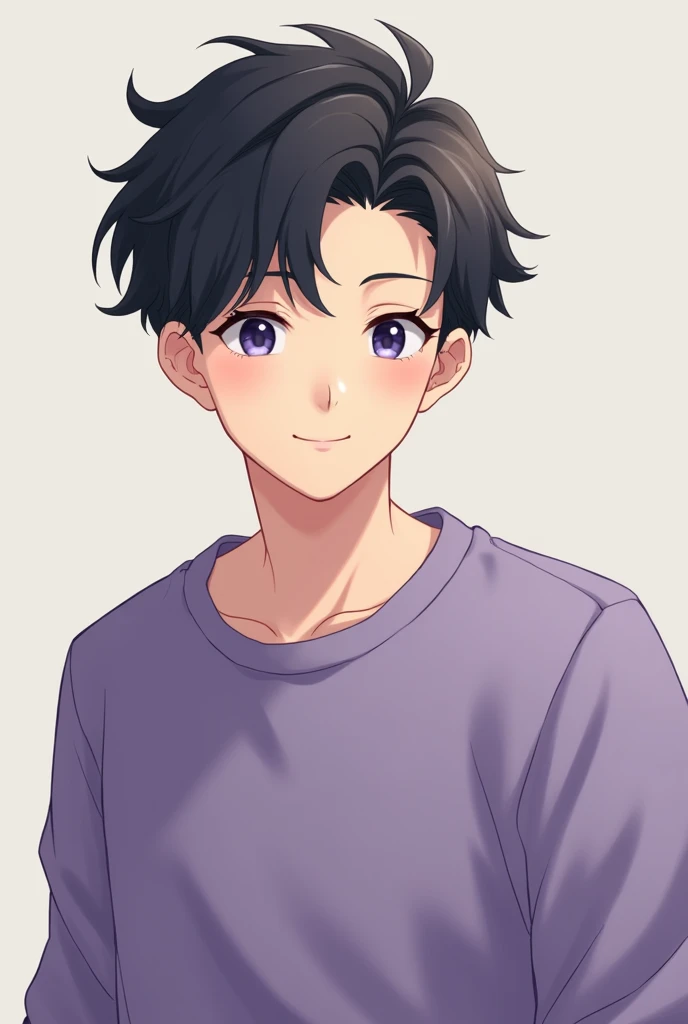 Let it be an anime-type man with black hair in a purple sweatshirt that is cute