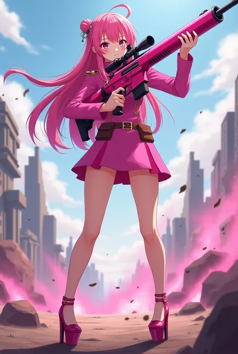  In the anime style .
 long pink hair.
 high heel platform showing feet open stiletto heels and pink.
 in high heels platform showing feet in war . 
Focus on the feet
uniform dress style short and pink . 
Holding a pink sniper 
In action 