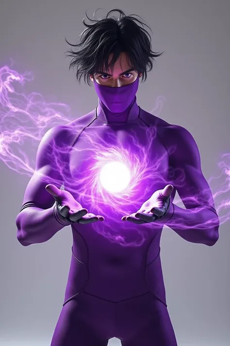  Superhero young man , messy black hair,  purple mask that covers only the eyes , full purple fabric uniform ,   and the gloves are darker than the rest of the clothes .  It has a white ray printed on the chest .  You are channeling a sphere of purple rays...