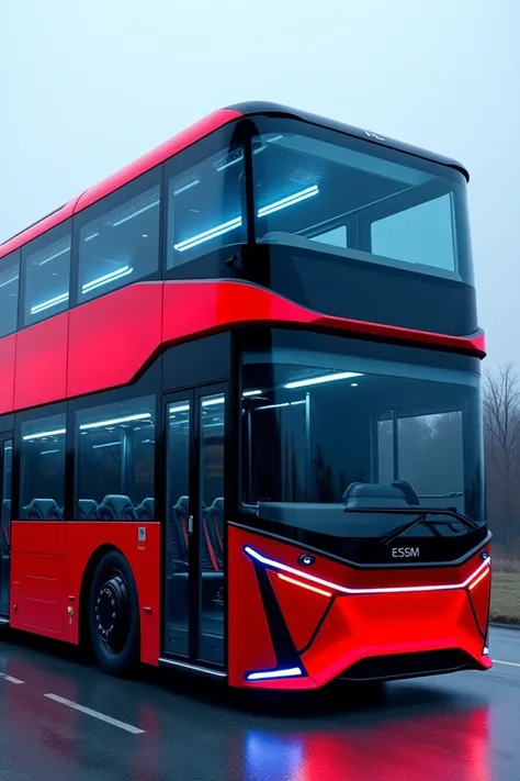 Um ônibus double decker ( two floors one under the other on top ),  with a modern designer ,  side and front skirts in black plastic ,  in the lower part passenger cabin with blue LED lighting,  smoked glass glued ,  full transparent windshield ,  pair of ...