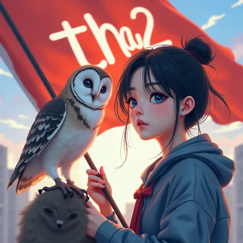 Beautiful Korean girl holding a flag, writing the word tha2 on it. Cool book character with blue eyes, island owl on the arm. The background is a beautiful tha2 logo