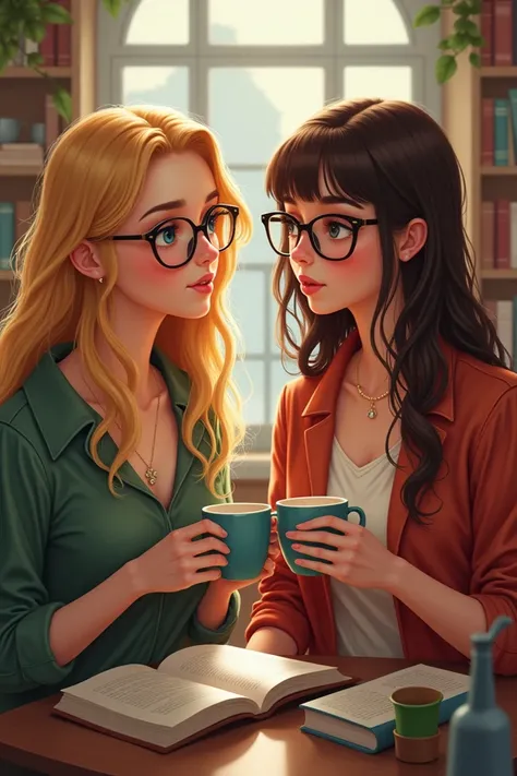 Two adults- 2 girls blonde and brunette with glasses 