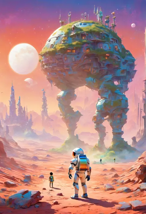 "An illustration in Pixar-style of a futuristic, desolate landscape on Mars, where remnants of a past advanced civilization can be seen, with broken structures and ruins scattered around. In the foreground, a young boy holding a colorful alebrije, wearing ...