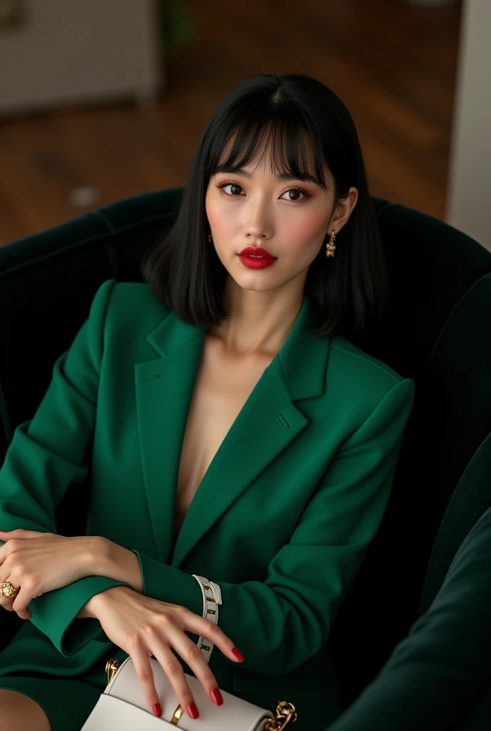  Brazilian woman ,28 years old, 70kg, green blazer , red lipstick, black straight bob haircut,  medium eyes color black , white bag, small hands,  thin round nose on the boot ,  red nail polish on the hands  ,  gold ring on the right hand.  Sitting on the ...