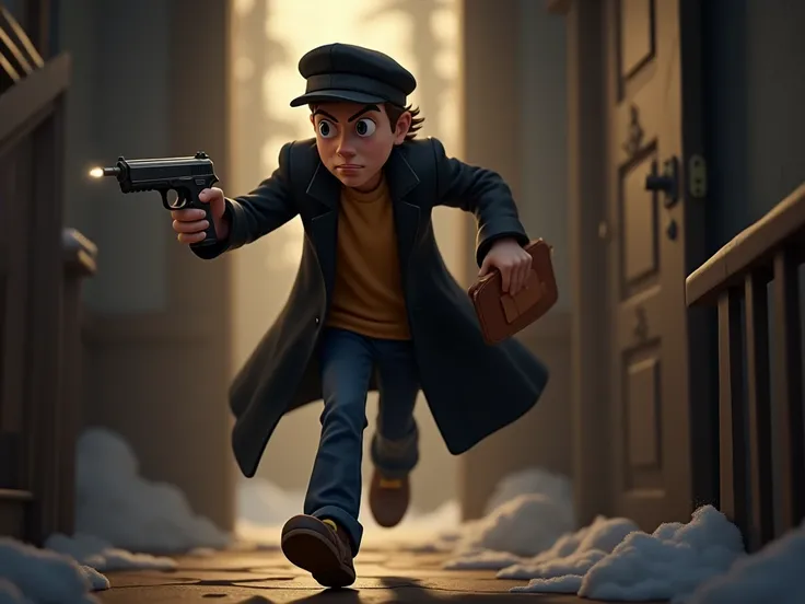 The young man in the cap, And a black coat ,  highly dangerous with a pistol in your hand,  and a brown wallet in the other hand , Run into the house running . 3D style disney