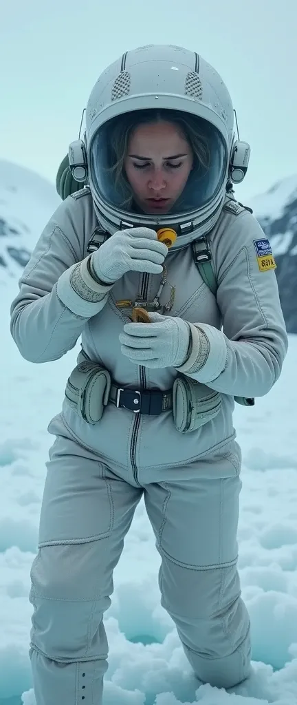 women wearing skin tight, hazmatsuit underwater antarcticas iced surface puts her hands on her glassed helmet because she cant breathe and desperately  reaping off her girl-friends glassed helmet connected to oxygen tank to breathe