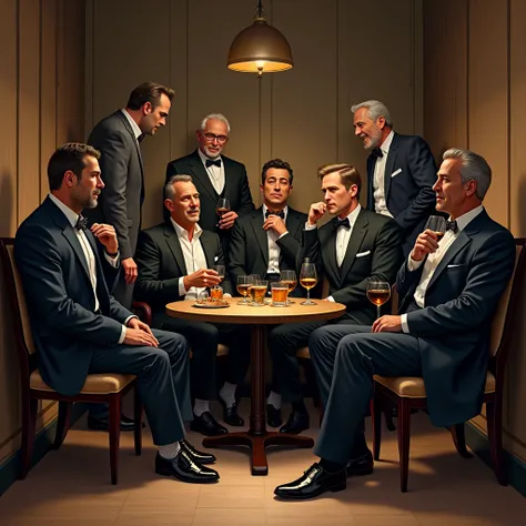  A club for gentlemen of various ages and body sizes, in a minimalist room , wearing a suit,  translucent socks , shiny shoes , drinking liquor,  some are standing ,  others sitting and others hunched up watching