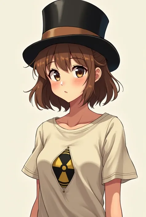 a girl Light brown skin color in a black top hat, and coffee hair  In the anime style with a casual t-shirt and a mini nuke going through his body