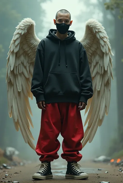 A shaved hat black mask red angelic pants an angelic sneaker 