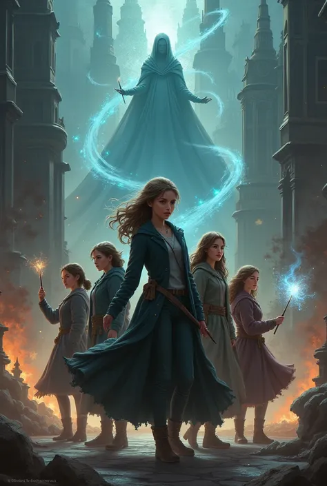  A girl discovers that she and her three friends are witches and has to fight a dark wizard.., cover of a dystopian book about the Empress , harry potter style.