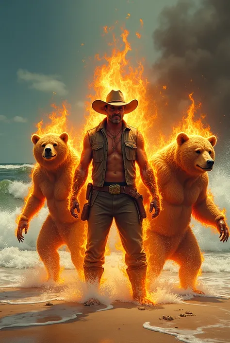 Deux cowboy en feu, et deux ours en feu et un maitre du feu  sur une plage