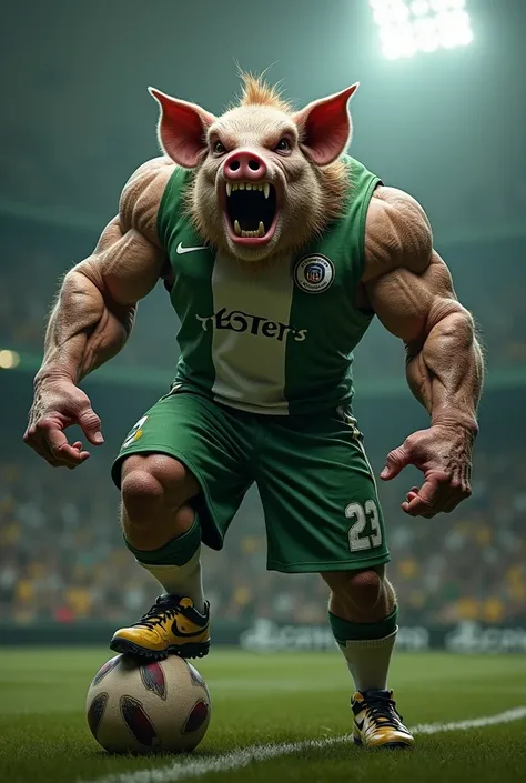 Create an impressive and realistic representation of a super muscular man, like a photo model, with the head of an angry, anthropomorphic adult pig with a muscular build in a heroic pose. The being is wearing a green and white sports shirt with a Palmeiras...