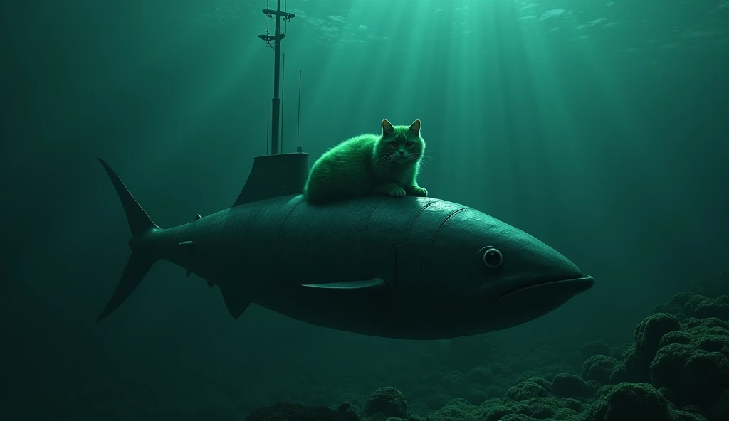 ( best quality,8K quality),( ultra high resolution,photo realistic:1.8),(super detailed,incredibly, detailed background),( RAW Photos:1.2), (Super realistic:1.8),(master peace1.21), (((Dark seabed))),Deep Sea,((( there is a green cat aboard the submarine T...