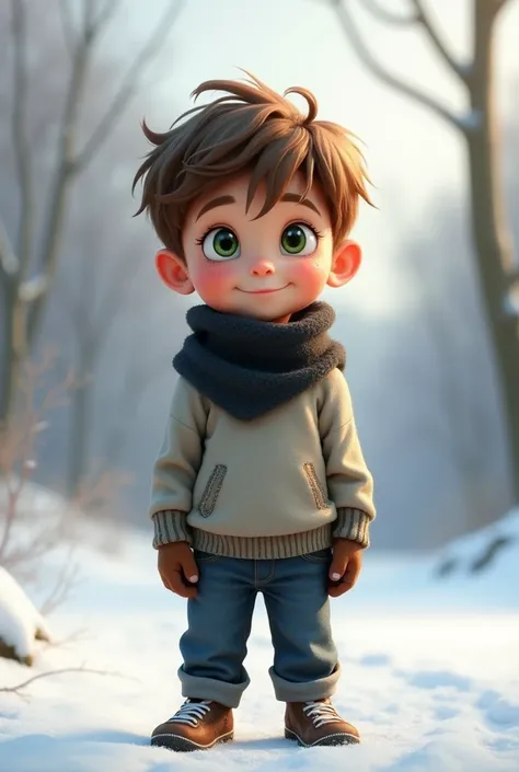 Three-year-old male ,  short brown hair, delgado, low, bright green eyes small nose face blushed by the cold freckles on the face ,  thin gray t-shirt with long sleeves, blue jeans and a black pouf on the neck.. That the full body appears in the image and ...