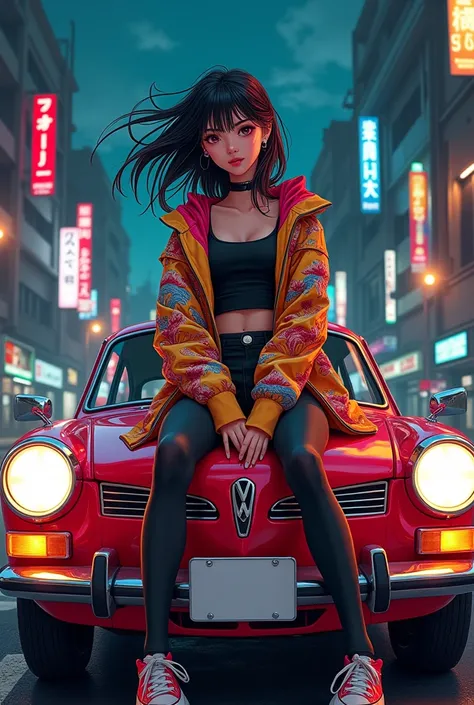 Manga woman wearing a Sukajan jacket on the hood of a VW Sirocco