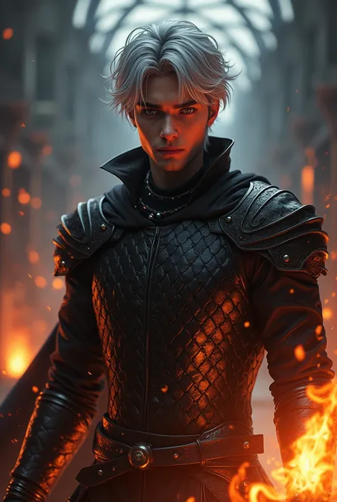 (anime style 3d) a young man in his twenties, curtain bangs silver hair, grey eyes , lean, seductive and fierce black leather scaled medieval clothing, fire in his hand, fire binding