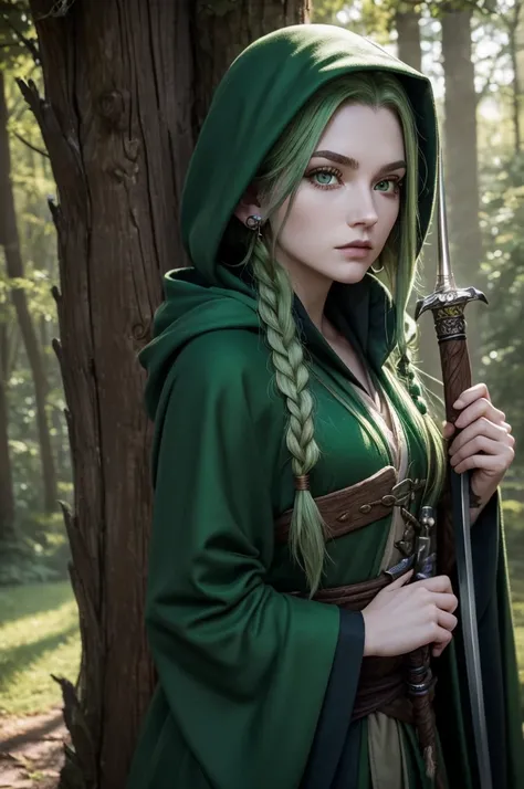 a close up of a person with a sword in a green outfit, female halfling, adventurer outfit large cloak, female forest archer, green robes, female halfling, scaled robes, green cloak, green robes, cloth jerkin, dark green cloak, dreadlock green hair, green b...