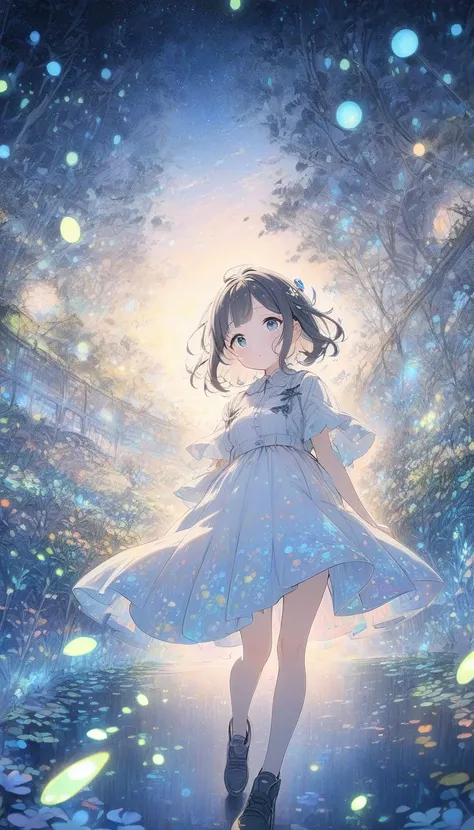 ((style:colored pencil ,pale color)),(animated)、( masterpiece:1.2), atmospheric perspective ,lens flare,A girl,   Wide viewing angles  , firefly garden,  There are lots of faint little lights and fireflies flying everywhere