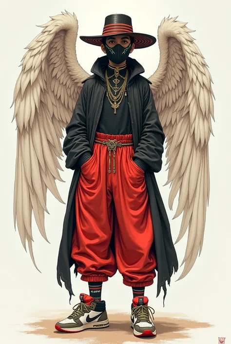 A striped hat black mask red angelic pants an angelic sneaker in a drawing 