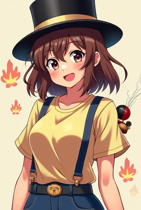 a happy girl Light brown skin color in a black top hat, and coffee hair  In the anime style with a casual t-shirt and a mini nuke going through his body and big boobs