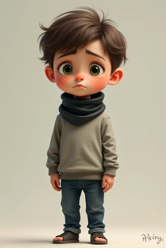 Three-year-old male ,  short brown hair, delgado, low, bright green eyes small nose face blushed by the cold freckles on the face ,  thin gray t-shirt with long sleeves, blue jeans and a black pouf on the neck.. That the full body appears in the image and ...