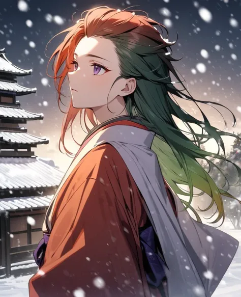 Androgynus, dark green hair, reddish orange hair, roots (hair), multicolored purple japanese clothes, snowing, gradient hair, adult, hair slicked back