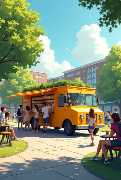 Picture of a foodtruck providing healthy food and drinks for college students 