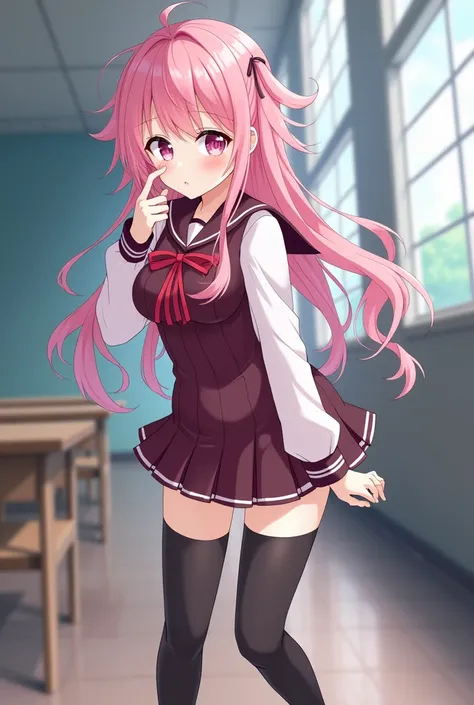 May Shogoku .  with pink hair as well as eyes and feminine features.  is  and has a big breast  . Her legs are wearing long black socks and a contemporary Japanese school dress 