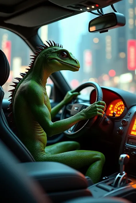 Un lezard humanoïde qui conduit une voiture