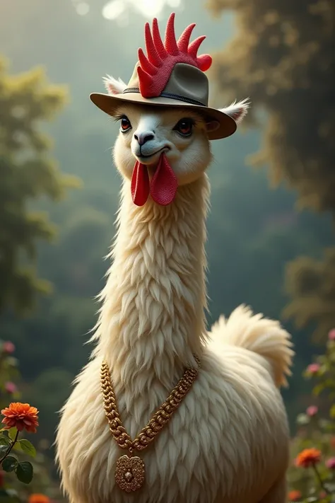 A llama with a hens head, a hat on his head and a gold chain around his neck