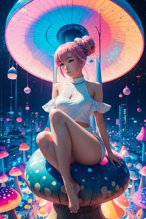 1 asian girl, beautiful 18 year old girl, pink hair in a bun, bare shoulders, sitting on a giant mushroom, elegant, chic, modern, fashionable, muted colors, soft lighting, art nouveau, psychedelic anime style, colorful, trippy, (best quality,4k,8k,highres,...