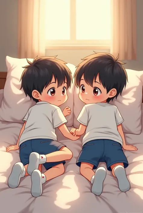  Two anime-style Asian boys dressed in white shirts and blue shorts,  lying in bed wearing white Nike socks , They turn their big butts towards the camera.