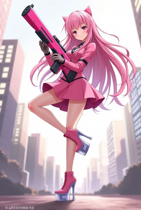 anime style girl.
long, pink hair.
Platform High Heels clear
focus on feet
short pink dress style uniform. 
holding a pink sniper 
in action